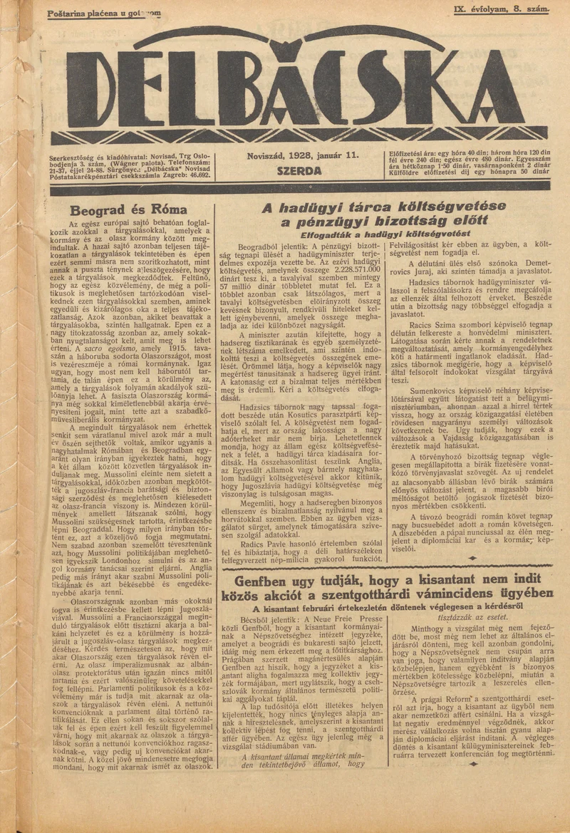 Délbácska, 9. évf. 1928. január 11. 8. sz.