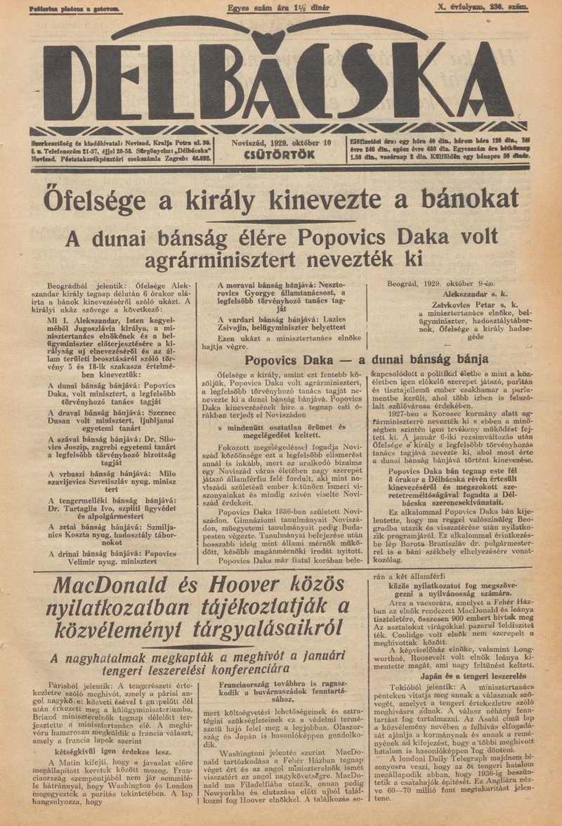 Délbácska, 10. évf. 1929. október 10. 236. sz.