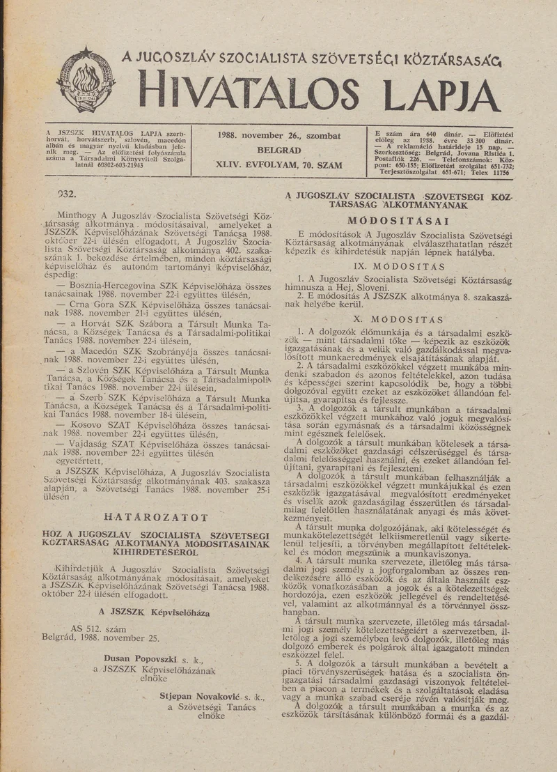 A Jugoszláv Szocialista Szövetségi Köztársaság Hivatalos Lapja, 44. évf. 1988. november 26. 70. sz. 1793–1808. oldal