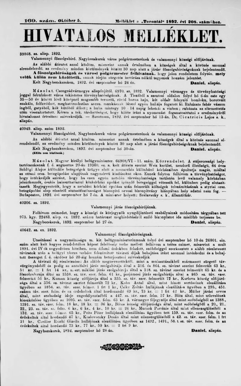 A Totontál  hivatalos melléklete, 5. évf. 1892. október 5. 169. sz.