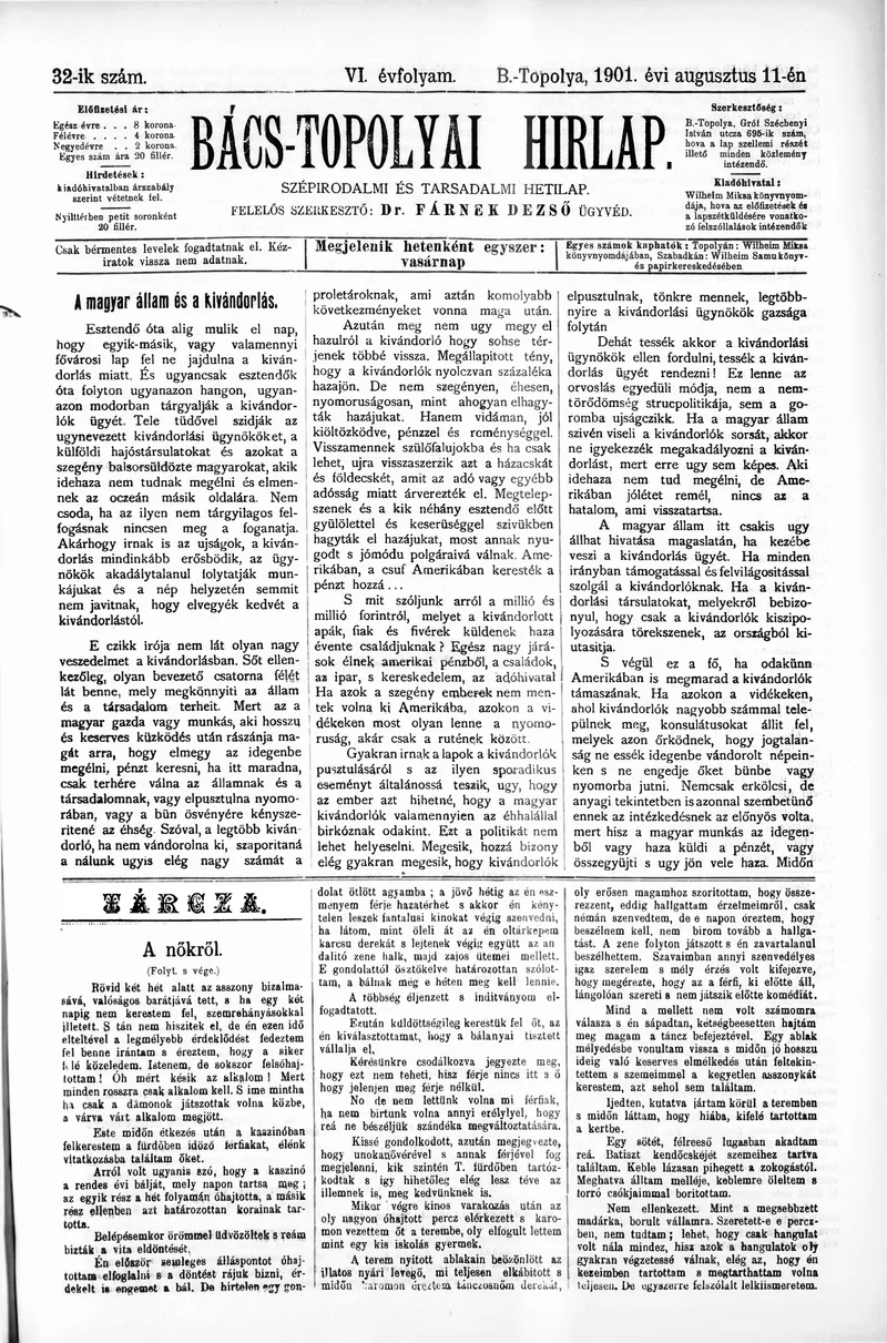 Bács-Topolyai Hirlap, 6. évf. 1901. augusztus 11. 32. sz.