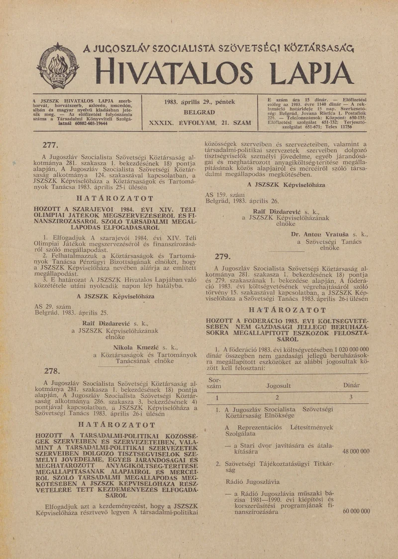 A Jugoszláv Szocialista Szövetségi Köztársaság Hivatalos Lapja, 39. évf. 1983. április 29. 21. sz. 469–492. oldal