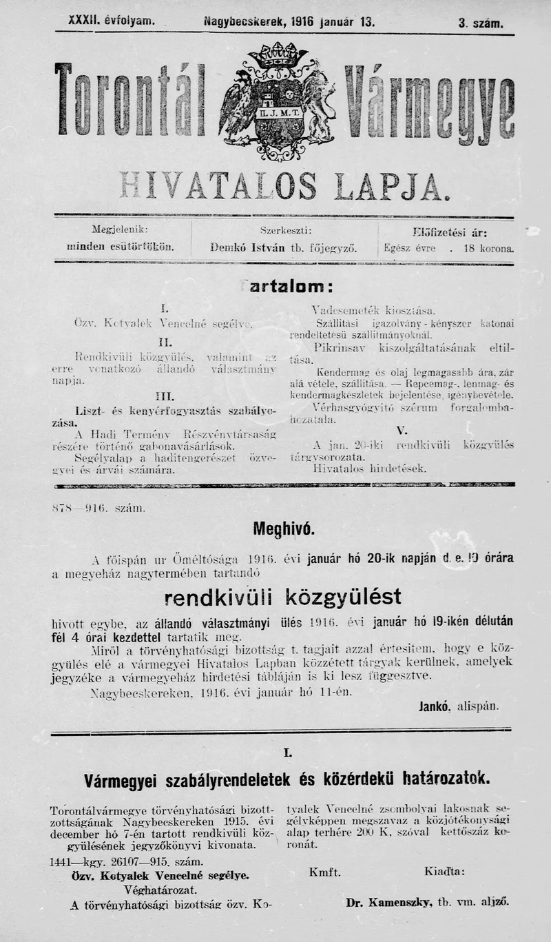 Torontál Vármegye Hivatalos Lapja, 32. évf. 1916. január 13. 3. sz.