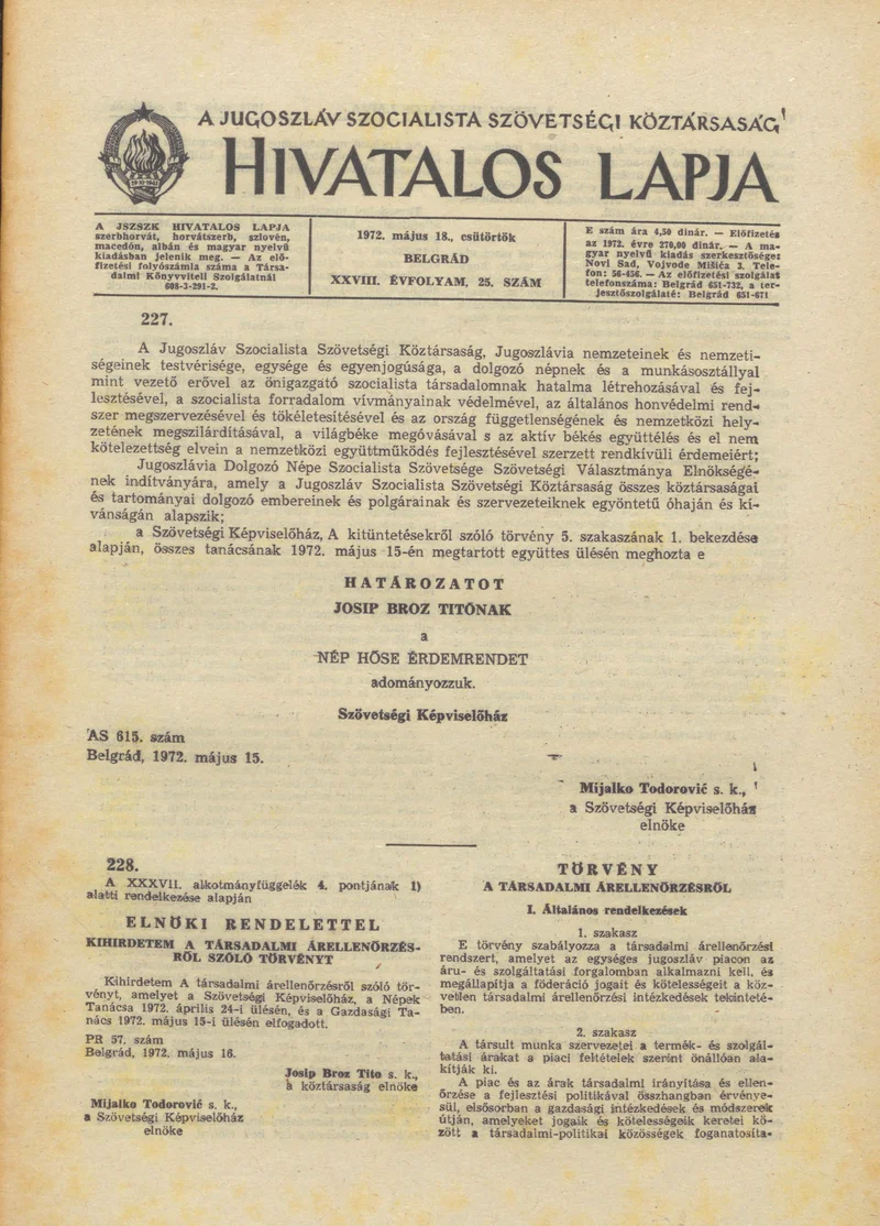 A Jugoszláv Szocialista Szövetségi Köztársaság Hivatalos Lapja, 28. évf. 1972. május 18. 25. sz. 473–492. oldal