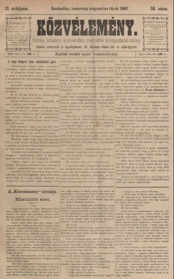 Közvélemény, 2. évf. 1887. augusztus 14. 33. sz.