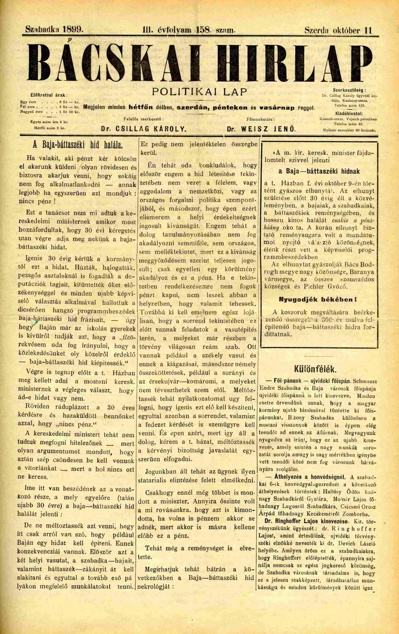 Bácskai Hirlap, 3. évf. 1899. október 11. 158. sz.