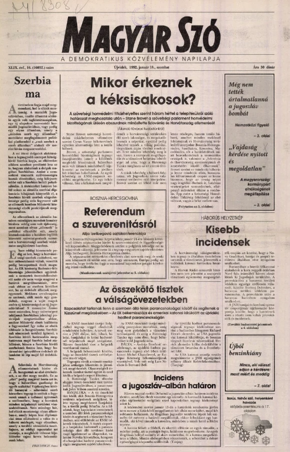 Magyar Szó, 49. évf. 1992. január 18. 16. sz. 1–20. oldal