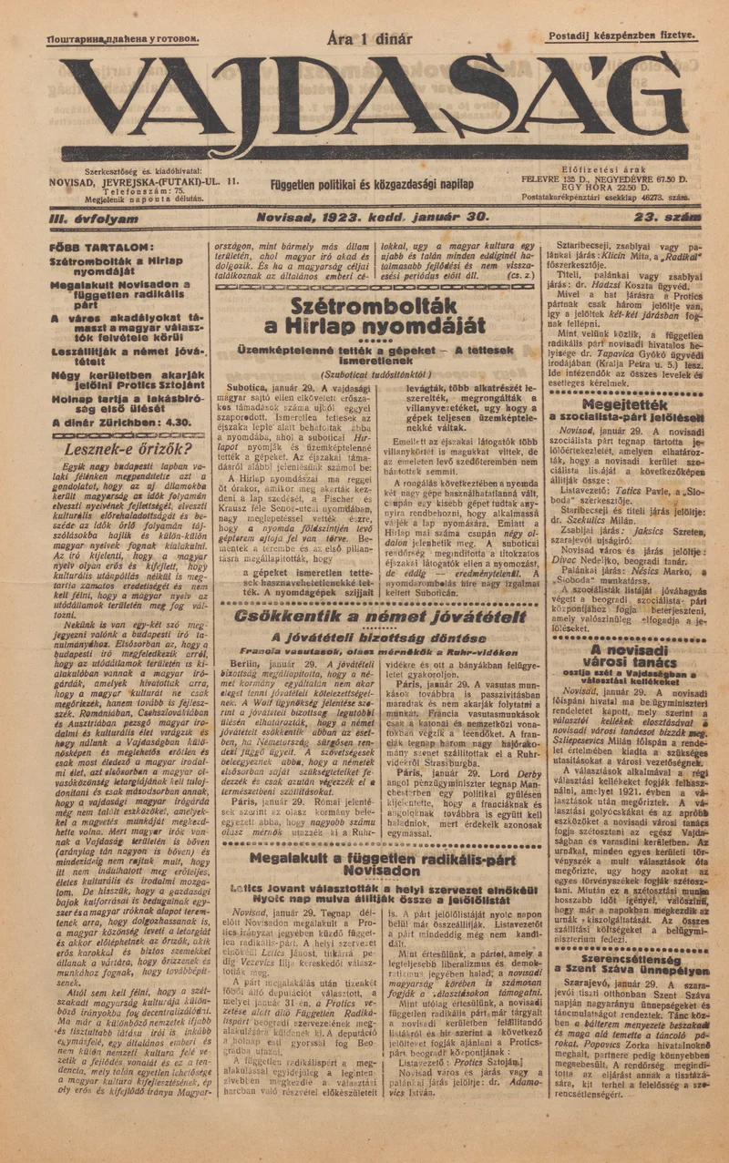 Vajdaság, 3. évf. 1923. január 30. 23. sz.