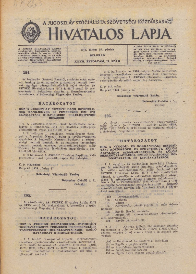 A Jugoszláv Szocialista Szövetségi Köztársaság Hivatalos Lapja, 32. évf. 1976. június 25. 27. sz. 649–680. oldal