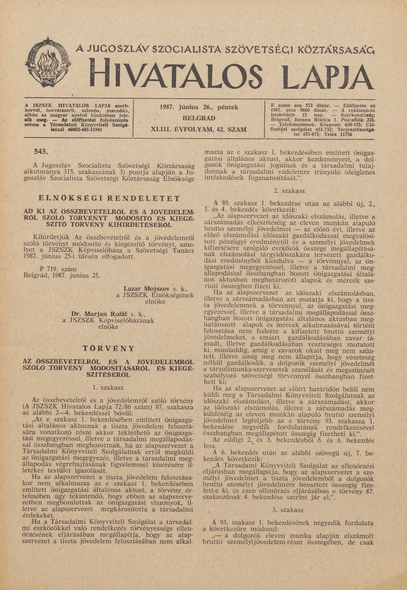 A Jugoszláv Szocialista Szövetségi Köztársaság Hivatalos Lapja, 43. évf. 1987. június 26. 42. sz. 1033–1084. oldal