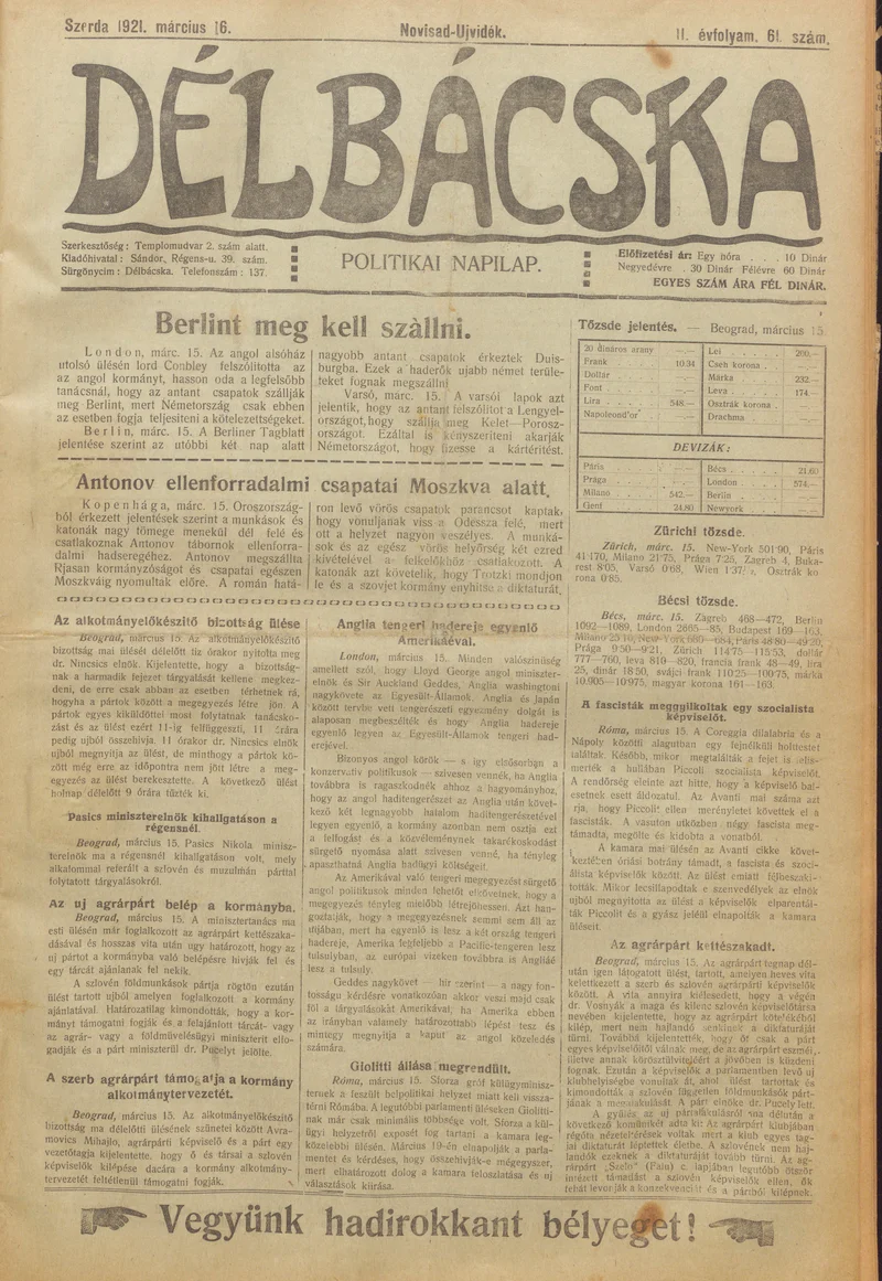 Délbácska, 2. évf. 1921. március 16. 61. sz.