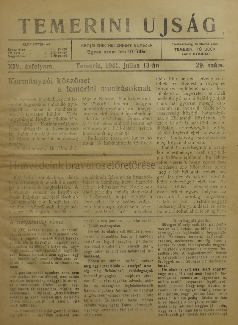 Temerini Újság 1928-1944, 14. évf. 1941. július 13. 29. sz.