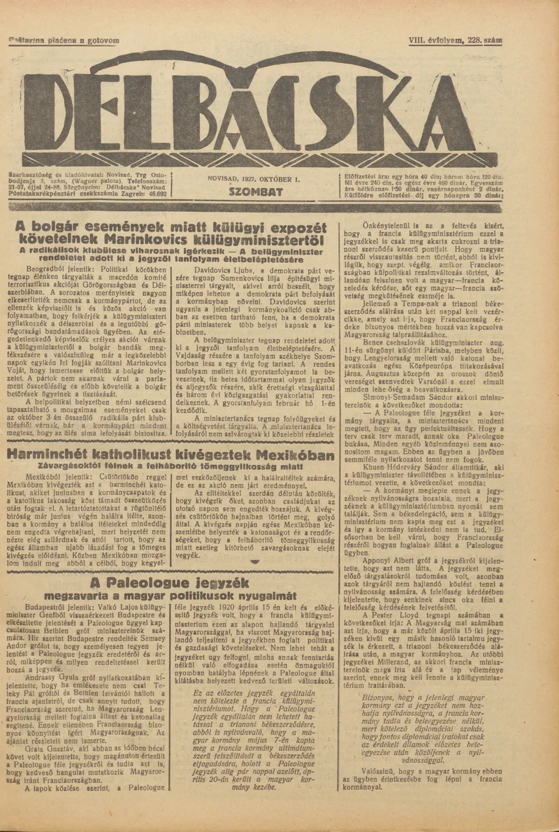 Délbácska, 8. évf. 1927. október 1. 228. sz.