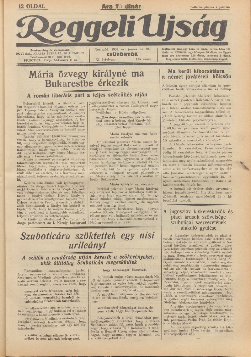 Reggeli Újság, 11. évf. 1930. június 12. 135. sz.
