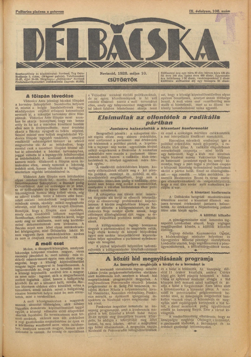 Délbácska, 9. évf. 1928. május 10. 108. sz.