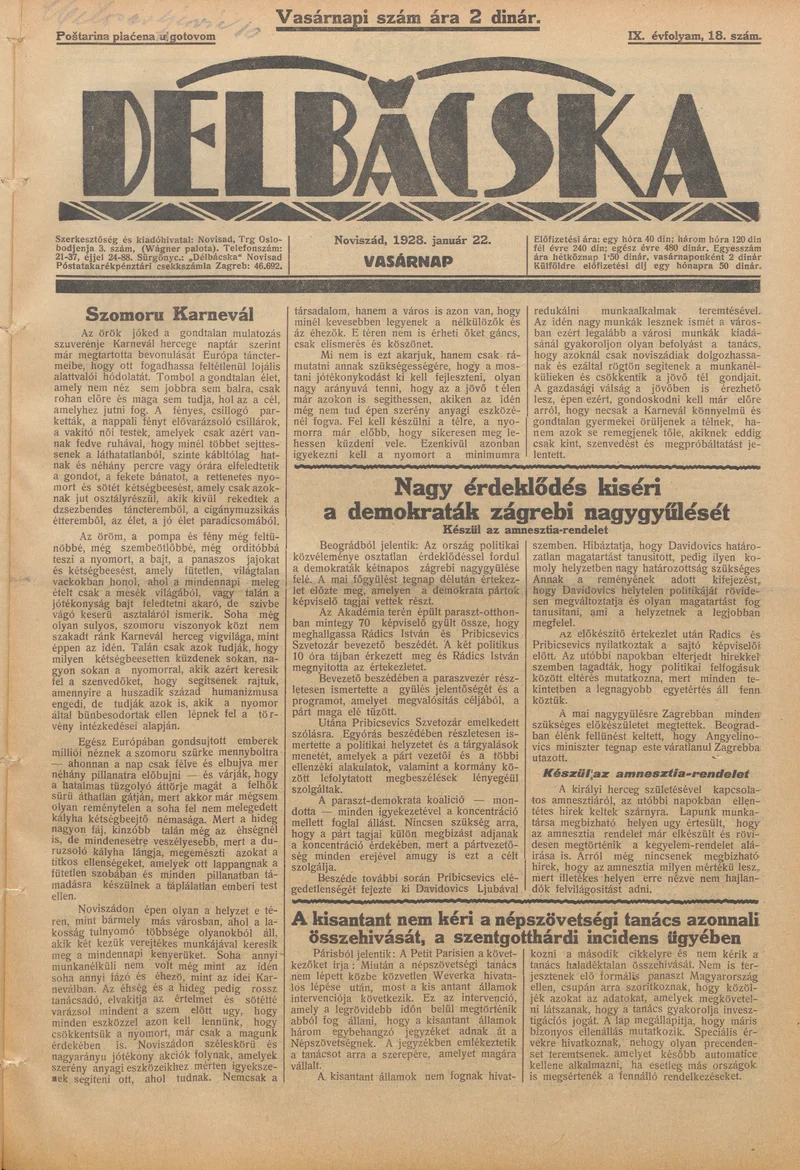 Délbácska, 9. évf. 1928. január 22. 18. sz.