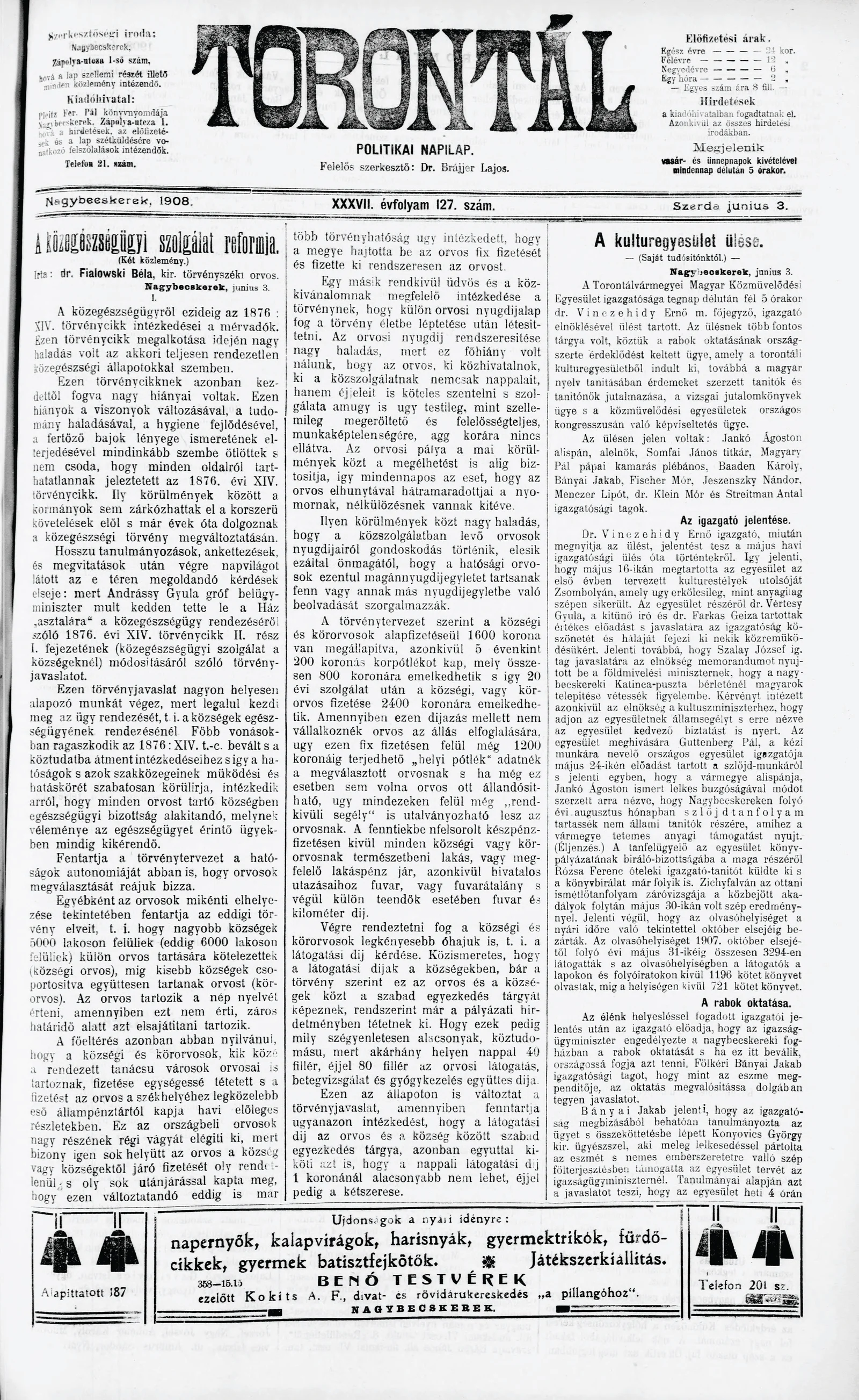 Torontál, 37. évf. 1908. június 3. 127. sz.
