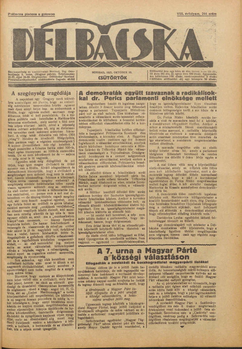 Délbácska, 8. évf. 1927. október 20. 244. sz.