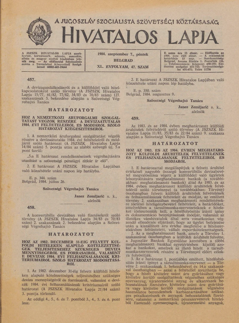 A Jugoszláv Szocialista Szövetségi Köztársaság Hivatalos Lapja, 40. évf. 1984. szeptember 7. 47. sz. 1119–1134. oldal