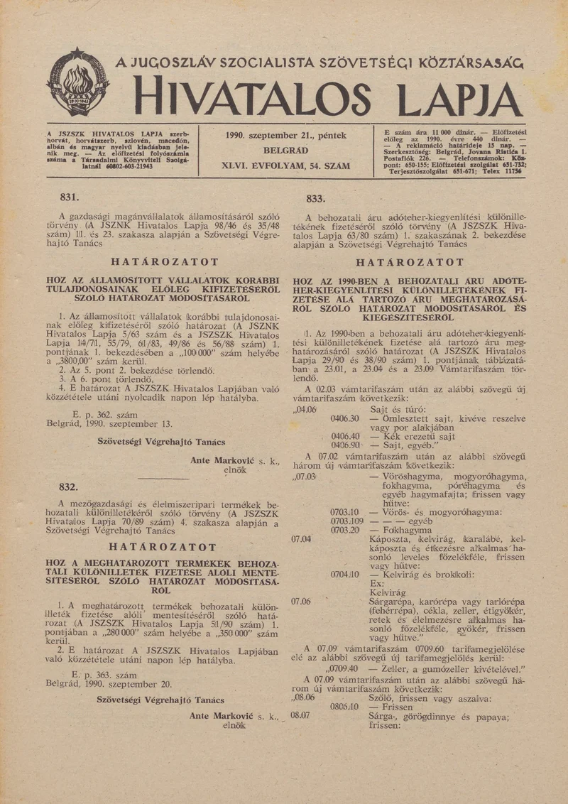 A Jugoszláv Szocialista Szövetségi Köztársaság Hivatalos Lapja, 46. évf. 1990. szeptember 21. 54. sz. 1753–1776. oldal