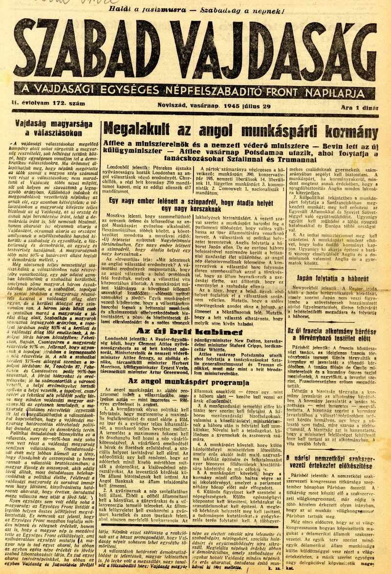 Szabad Vajdaság, 2. évf. 1945. július 29. 172. sz.
