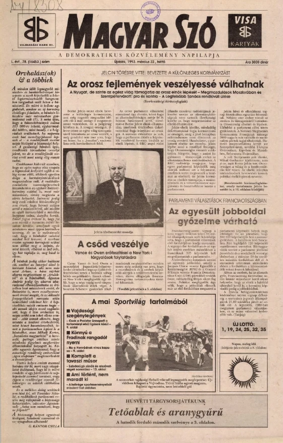 Magyar Szó, 50. évf. 1993. március 22. 78. sz. 1–16. oldal