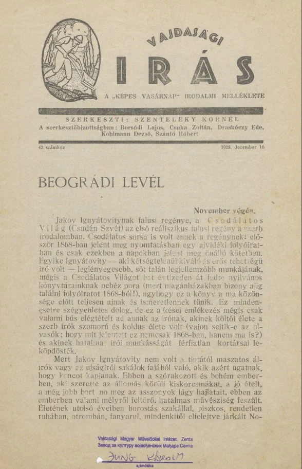 Vajdasági Írás, 1. évf. 1928. december 16. 42. sz. 385–416. oldal