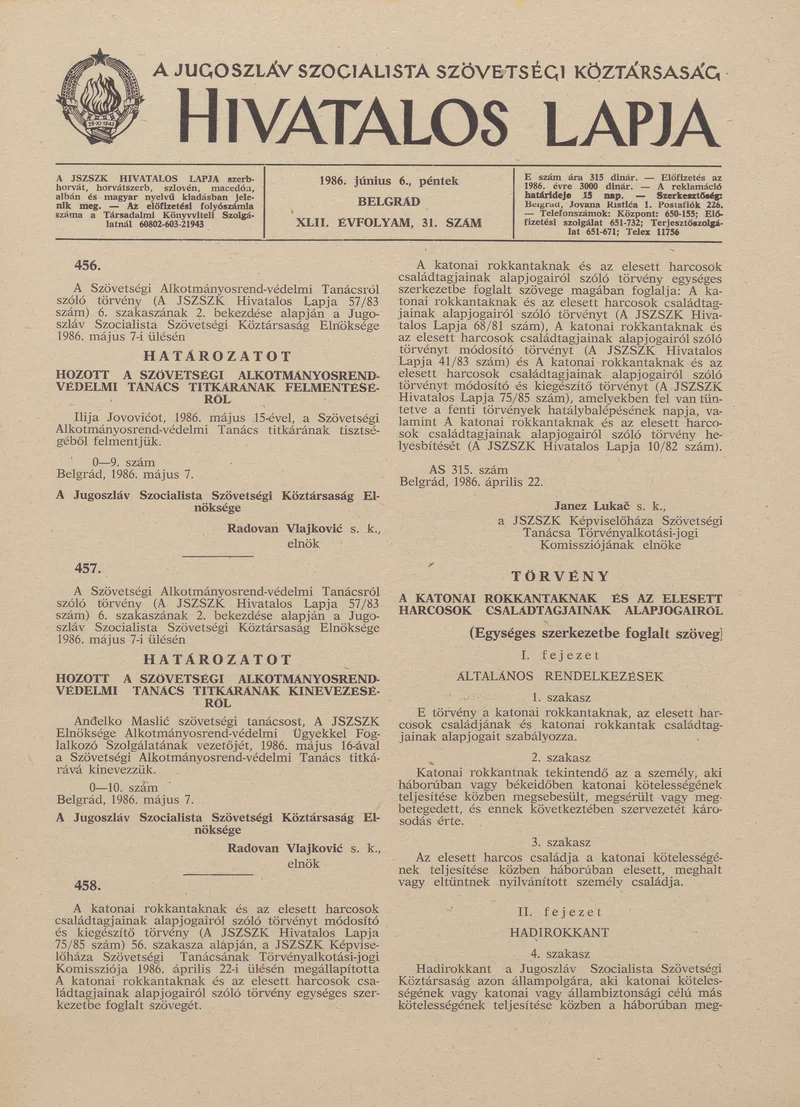 A Jugoszláv Szocialista Szövetségi Köztársaság Hivatalos Lapja, 42. évf. 1986. június 6. 31. sz. 937–972. oldal