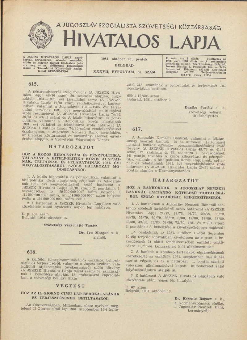 A Jugoszláv Szocialista Szövetségi Köztársaság Hivatalos Lapja, 37. évf. 1981. október 23. 58. sz. 1497–1512. oldal