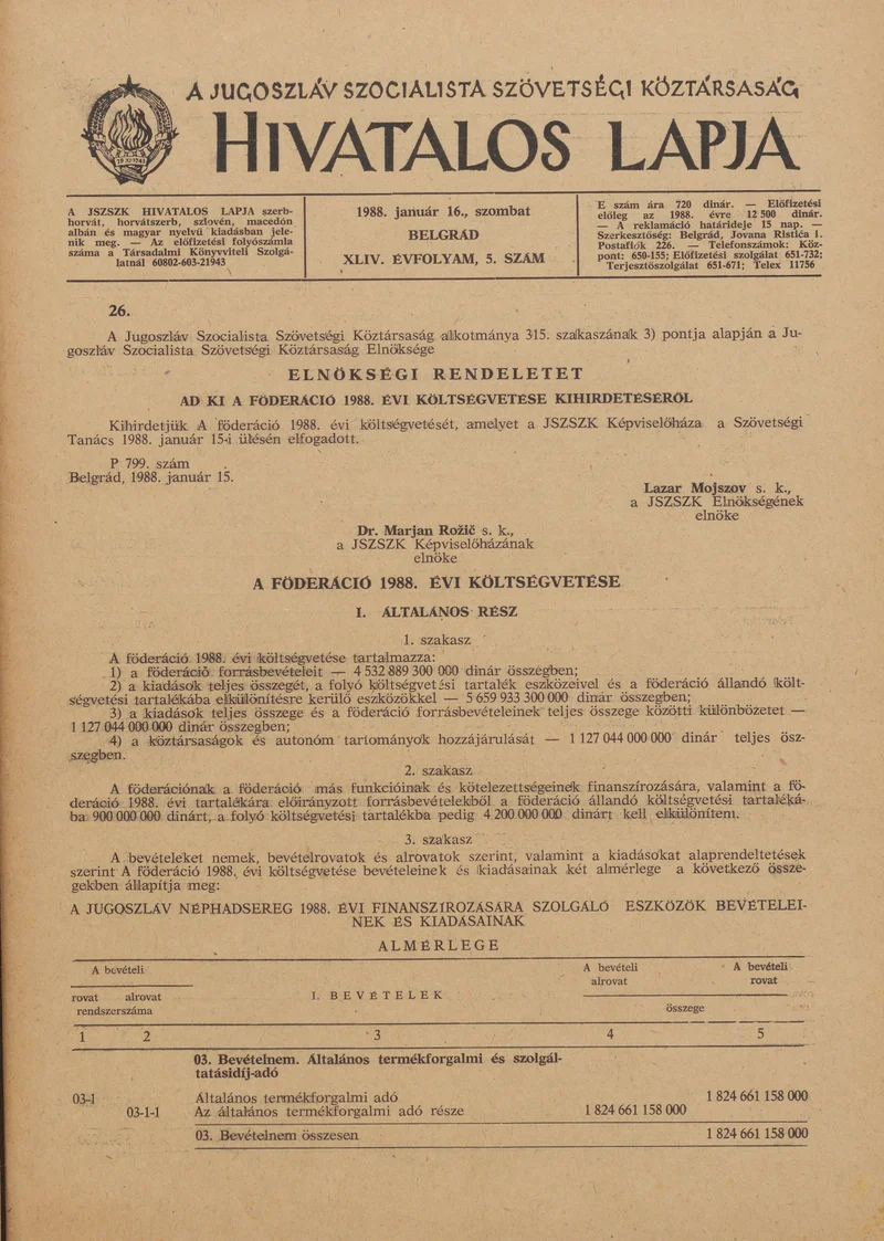 A Jugoszláv Szocialista Szövetségi Köztársaság Hivatalos Lapja, 44. évf. 1988. január 16. 5. sz. 89–136. oldal