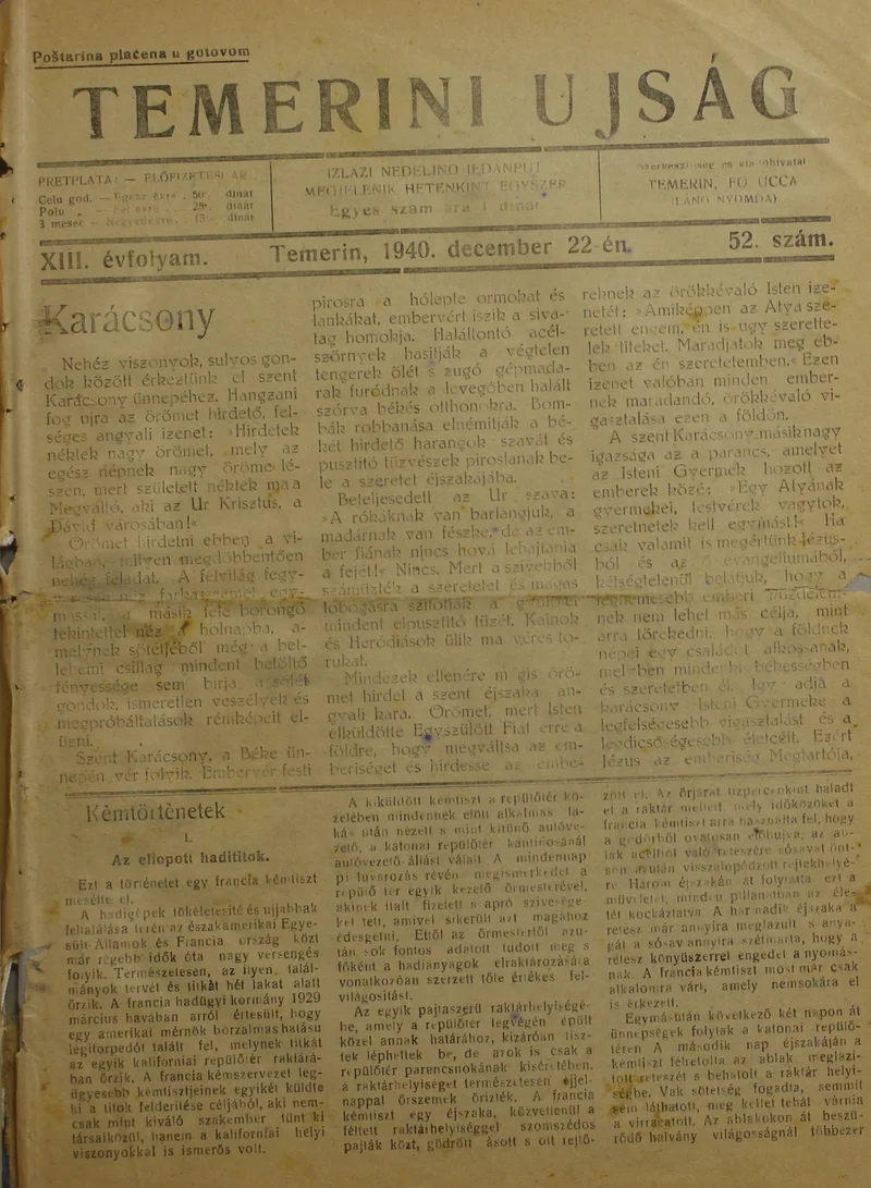Temerini Újság 1928-1944, 13. évf. 1940. december 22. 52. sz.