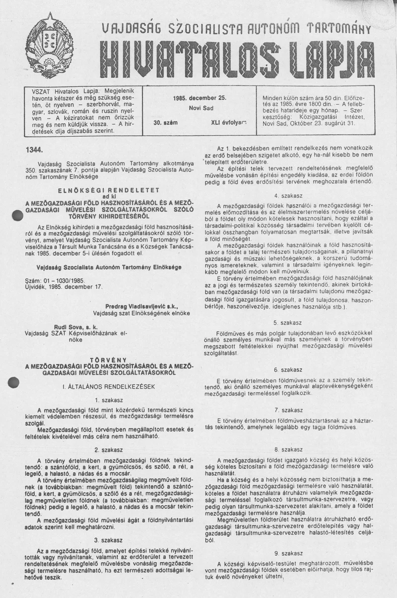 Vajdaság Szocialista Autonóm Tartomány Hivatalos Lapja, 41. évf. 1985. december 25. 30. sz.