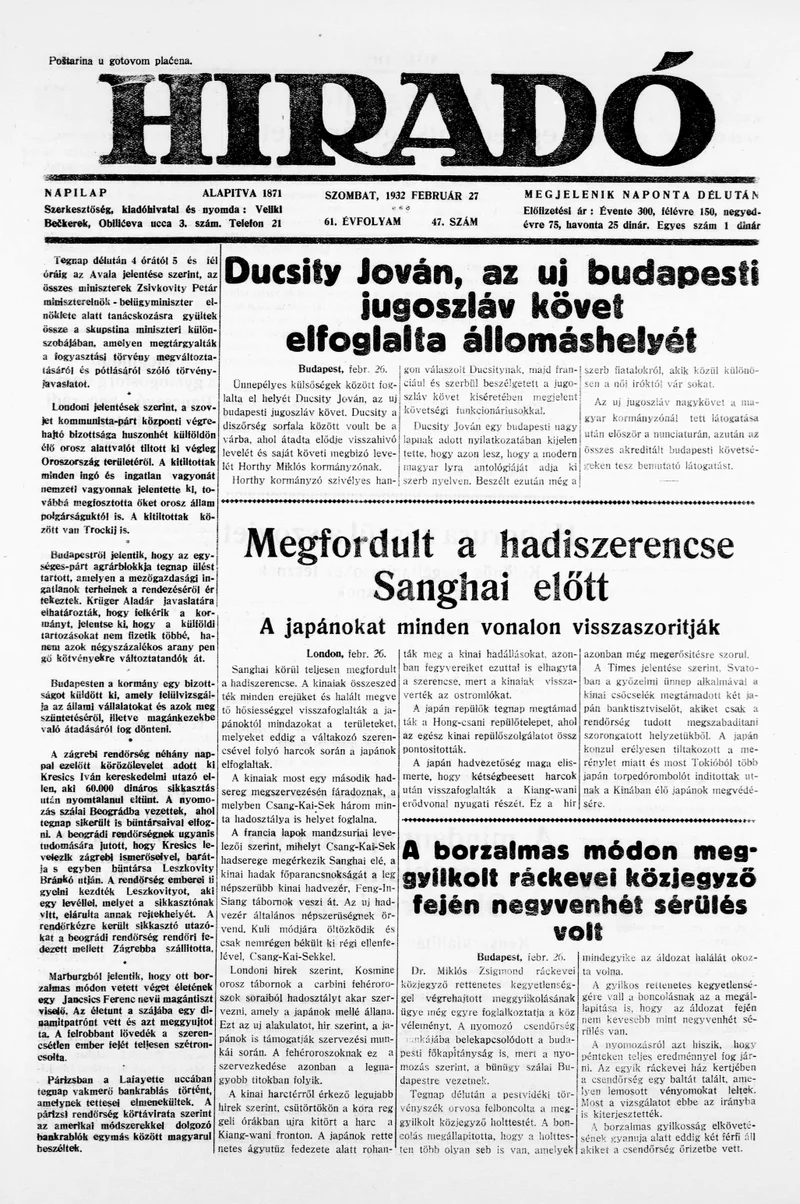 Híradó, 61. évf. 1932. február 27. 47. sz.