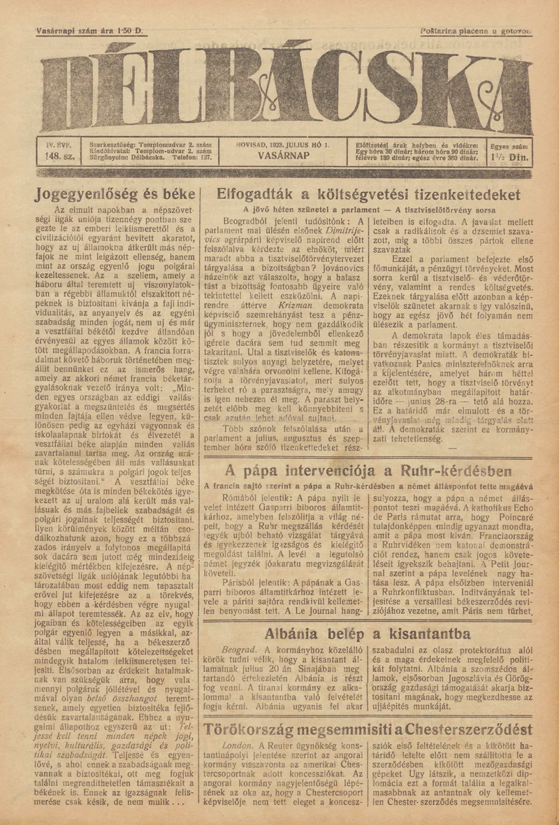 Délbácska, 4. évf. 1923. július 1. 148. sz.