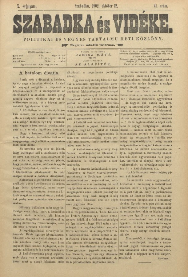 Szabadka és vidéke II, 10. évf. 1902. október 12. 41. sz.