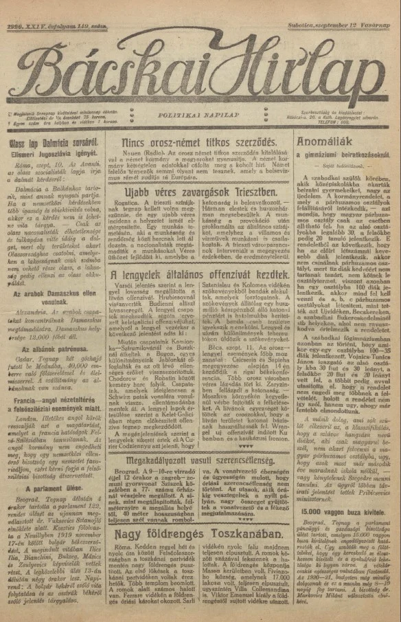 Bácskai Hirlap, 24. évf. 1920. szeptember 12. 149. sz.