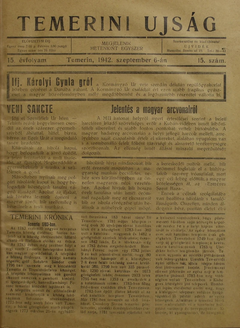 Temerini Újság 1928-1944, 15. évf. 1942. szeptember 6. 15. sz.