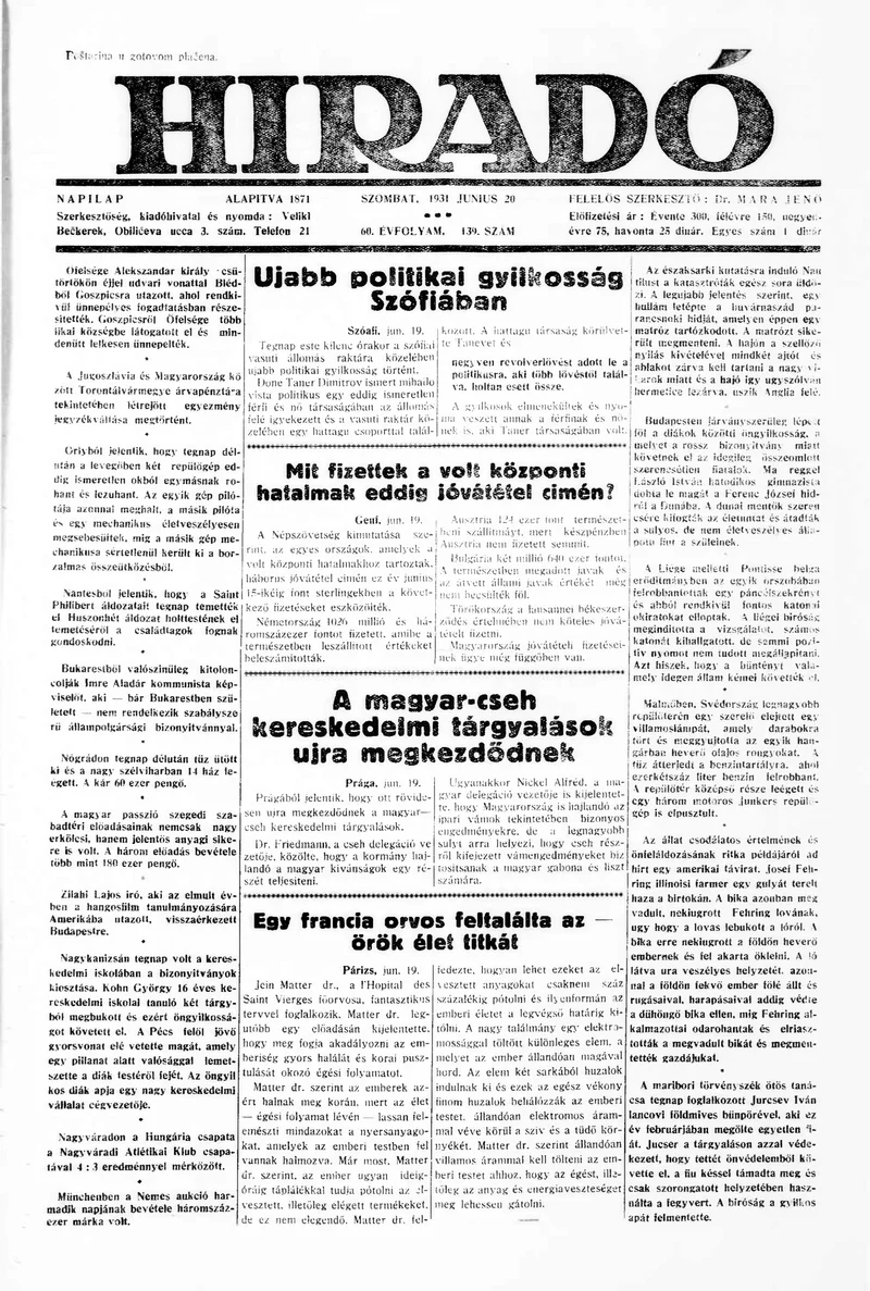 Híradó, 60. évf. 1931. június 20. 139. sz.