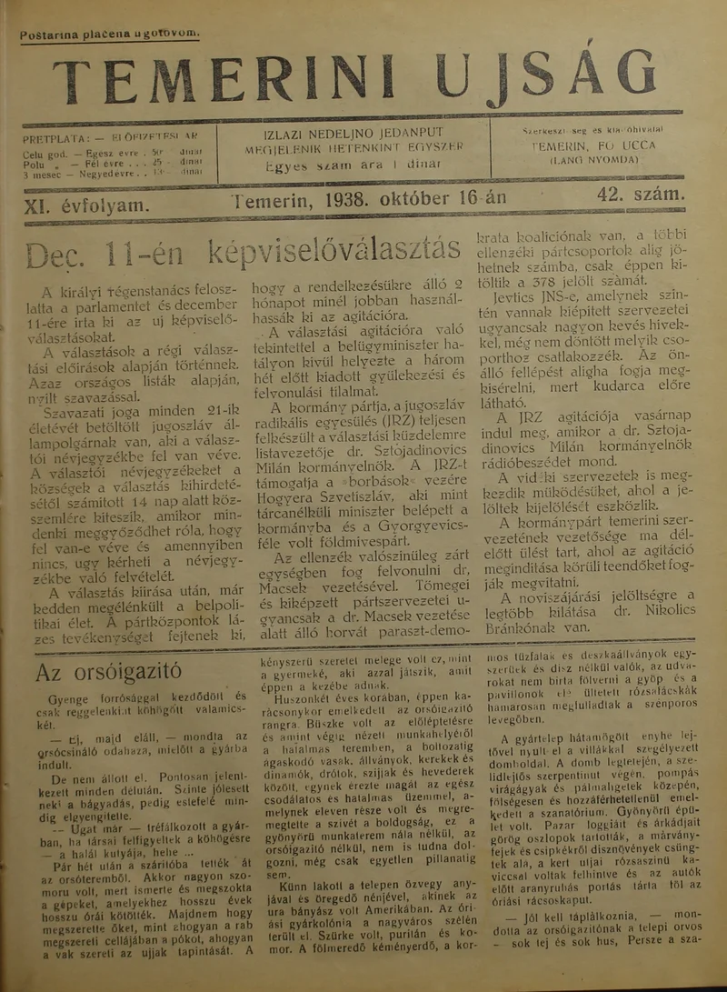 Temerini Újság 1928-1944, 11. évf. 1938. október 16. 42. sz.