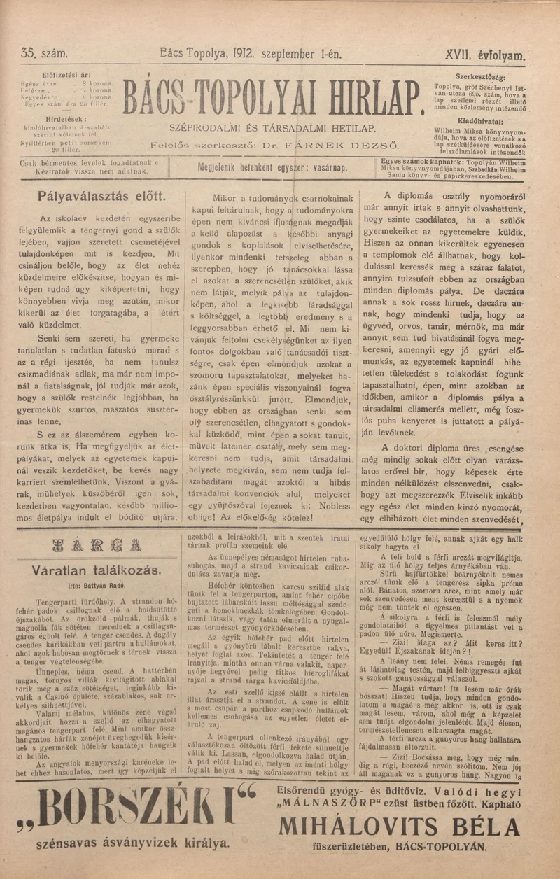 Bács-Topolyai Hirlap, 17. évf. 1912. szeptember 1. 35. sz.