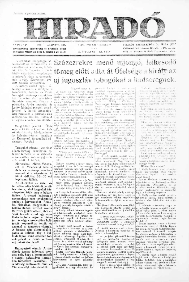 Híradó, 59. évf. 1930. szeptember 9. 208. sz.