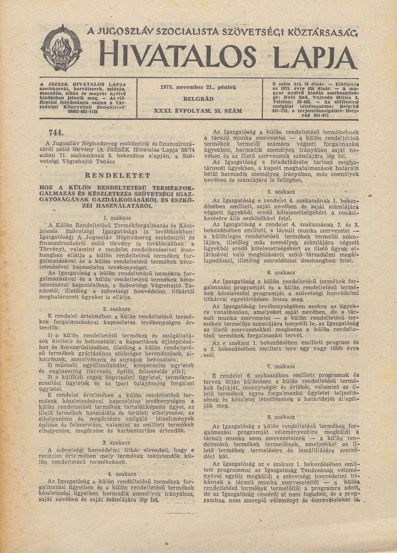 A Jugoszláv Szocialista Szövetségi Köztársaság Hivatalos Lapja, 31. évf. 1975. november 21. 55. sz. 1481–1524. oldal