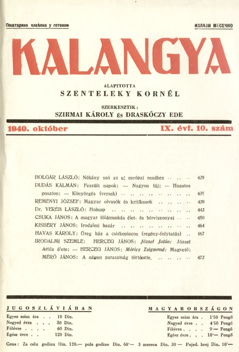 Kalangya, 9. évf. 1940. október. 10. sz. 429–476. oldal