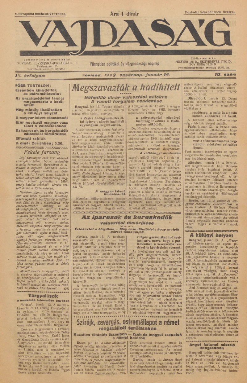 Vajdaság, 3. évf. 1923. január 14. 10. sz.