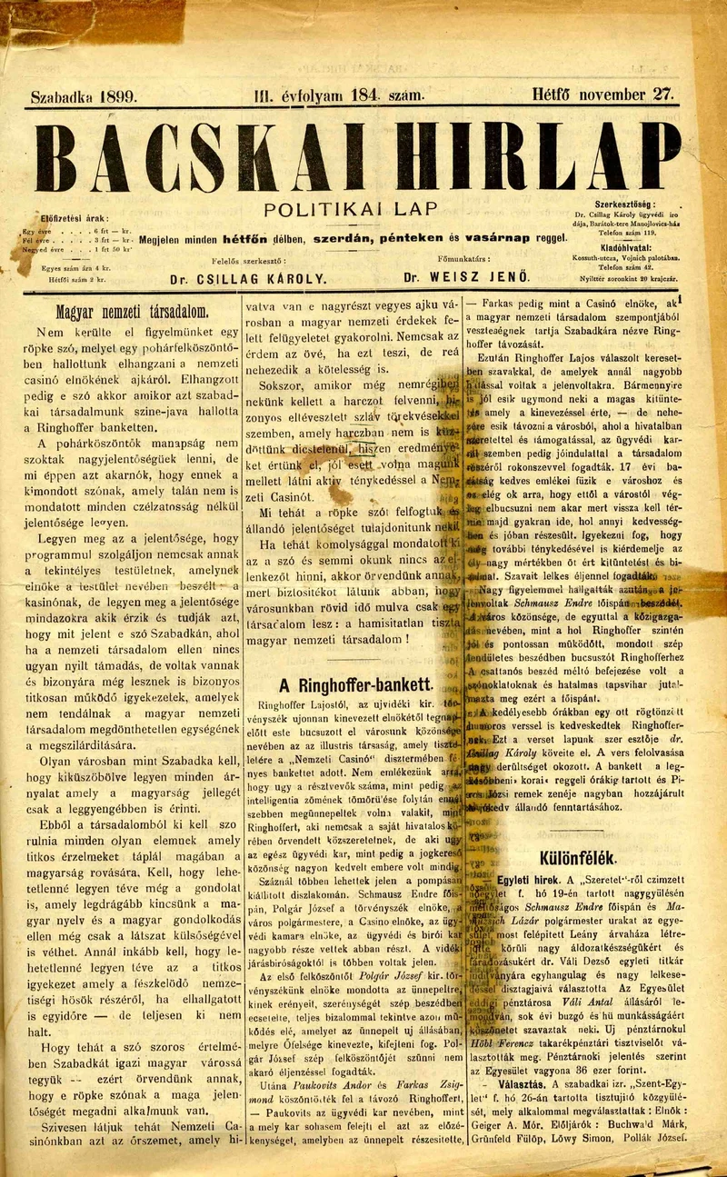 Bácskai Hirlap, 3. évf. 1899. november 27. 184. sz.