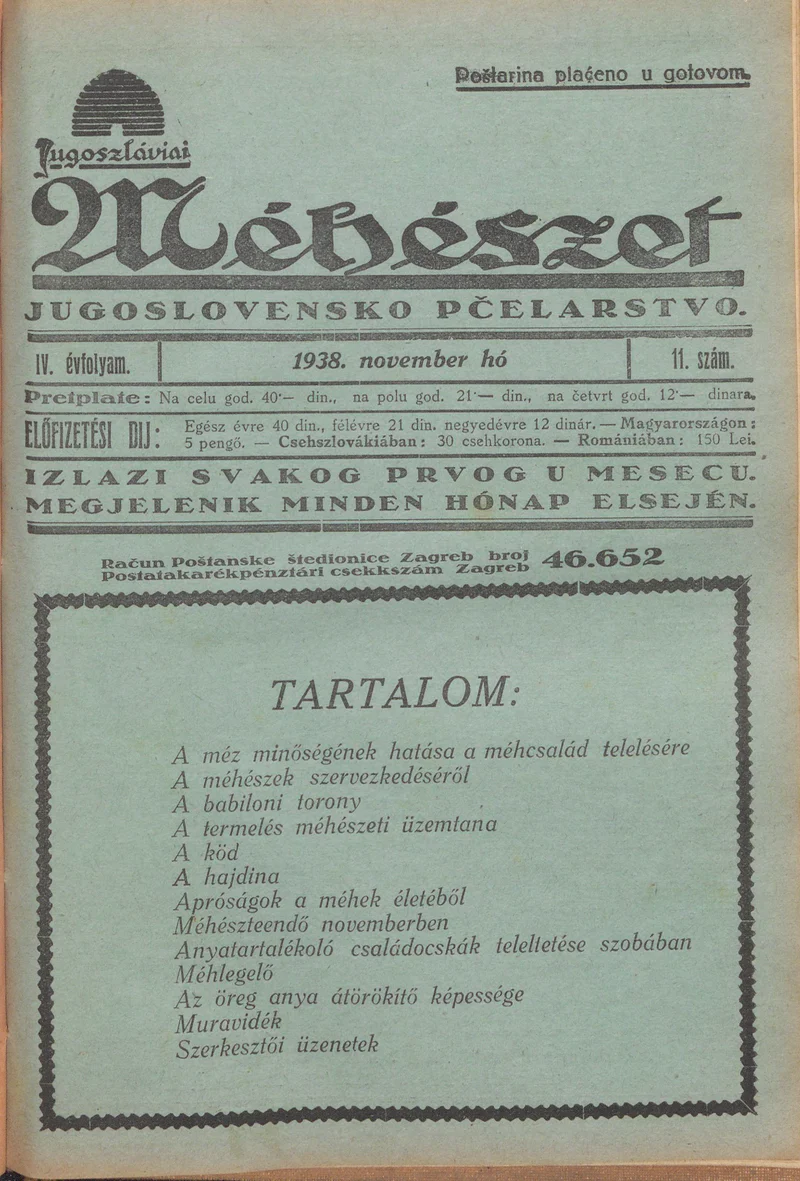 Jugoszláviai méhészet, 4. évf. 1938. november 1. 11. sz.