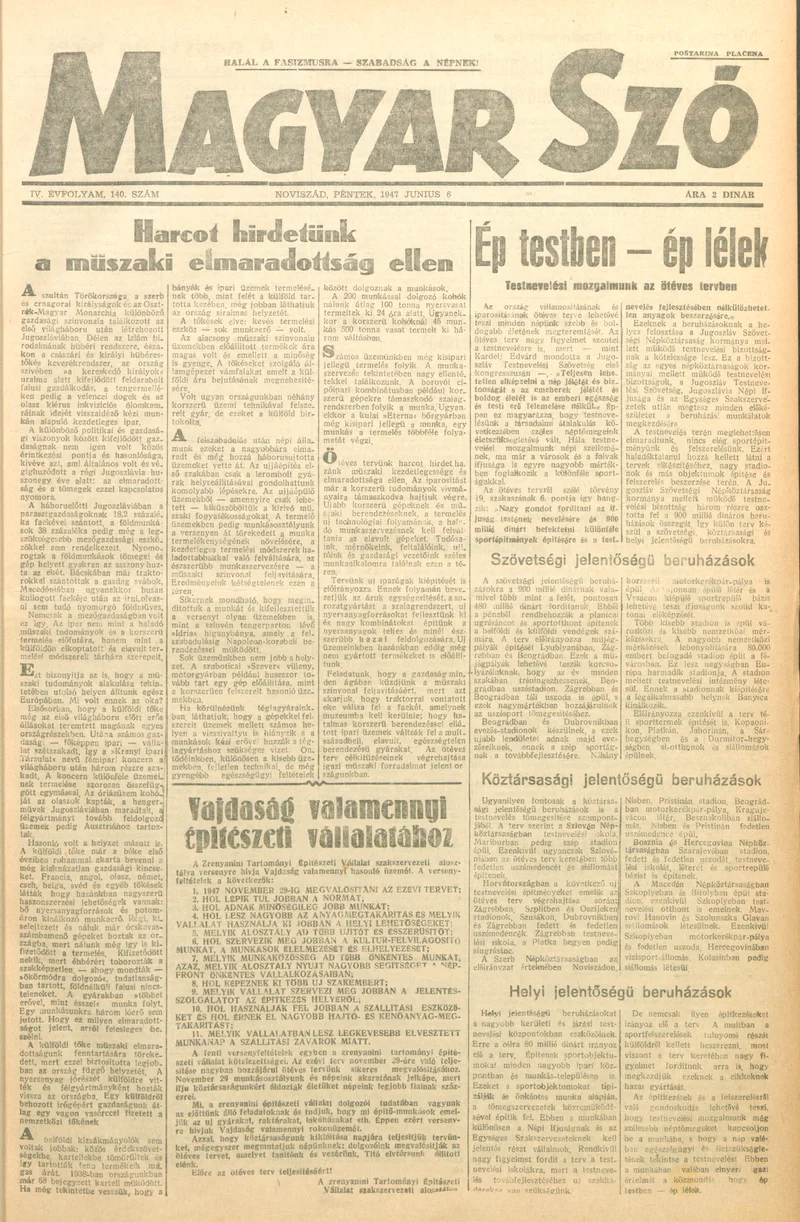 Magyar Szó, 4. évf. 1947. június 6. 140. sz. 1–6. oldal