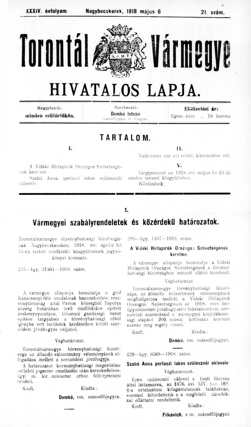 Torontál Vármegye Hivatalos Lapja, 34. évf. 1918. március 6. 21. sz.