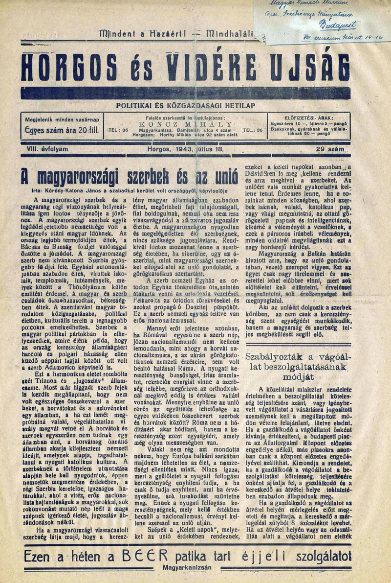 Horgos és vidéke, 8. évf. 1943. július 18. 29. sz.