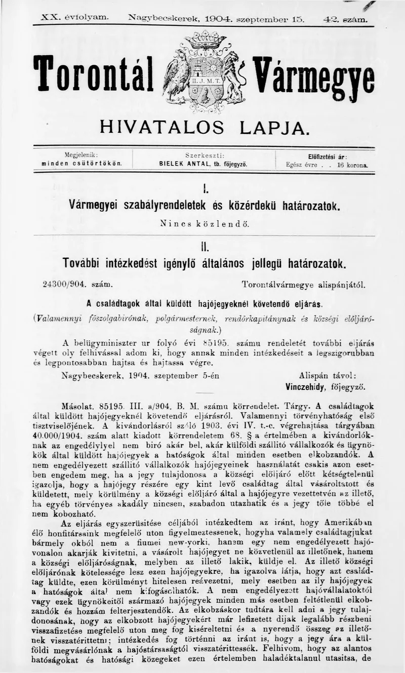 Torontál Vármegye Hivatalos Lapja, 20. évf. 1904. szeptember 15. 42. sz.